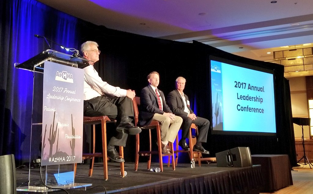 azhospitalassn's tweet photo. .@SMBHealthcare with Dr. Hamant from @ArMA_Docs and Dr. Trenschel from @YumaRegional are our first panel at the #Azhha2017 Conf. https://t.co/mywRUUFzOW