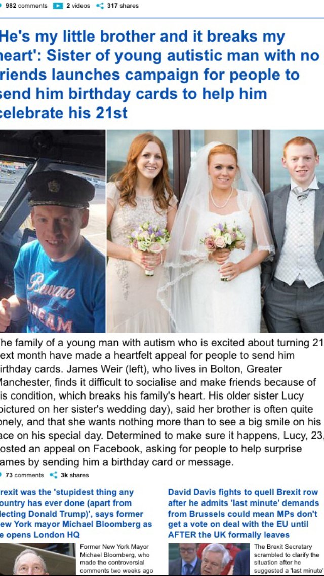 RachelH18073787's tweet photo. Sister of autistic man with no friends launches birthday campaign https://t.co/JSMgZoU82K via @MailOnline 
#Jamesturns21 https://t.co/dT2Zx130yk