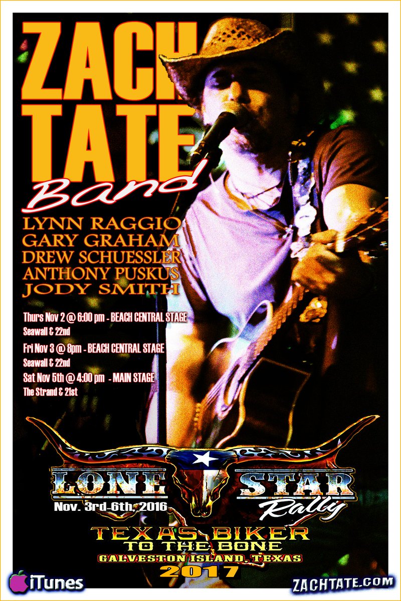 ZachTateBand's tweet photo. Zach Tate Band @ Lone Star Rally Galveston TX
Th Nov 2/6p &amp; Fr Nov 3/8p Beach Stage 22nd &amp; Seawall
Sat Nov 4  4 p  Main Stage  21st &amp; Strand https://t.co/eP2Dz2IDgs