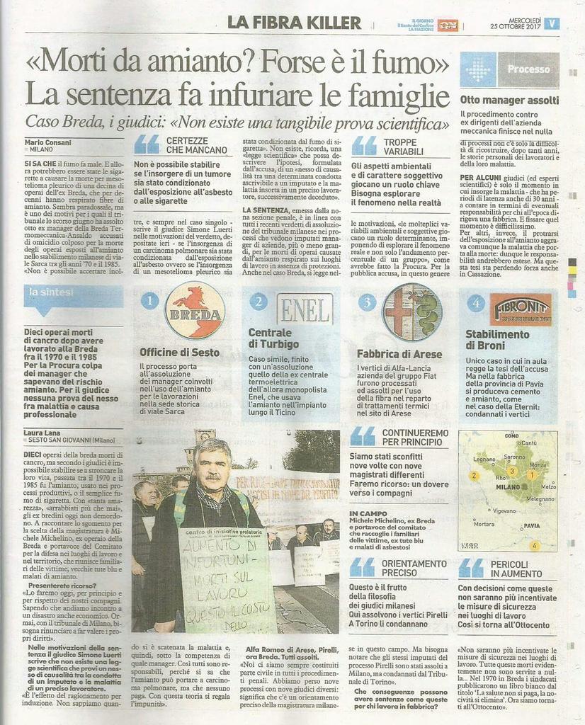 #Milano, morti #Breda snz giustizia. "Invece che #amianto, potrebbe essere fumo ad aver causato tumore",dice giudice