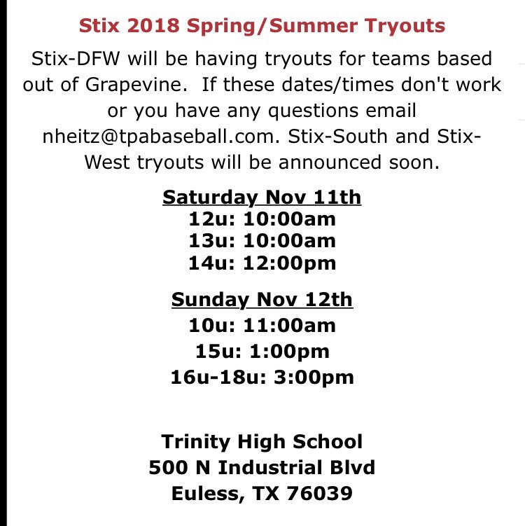 Stix Baseball Club-DFW 2018 Spring/Summer Tryouts are posted! Please retweet! #StixFam #StixBaseball