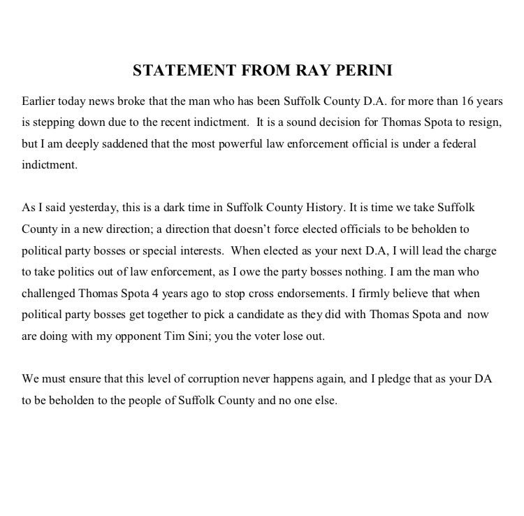RayPerini's tweet image. Please read the following statement on the resignation of DA Thomas Spota.
