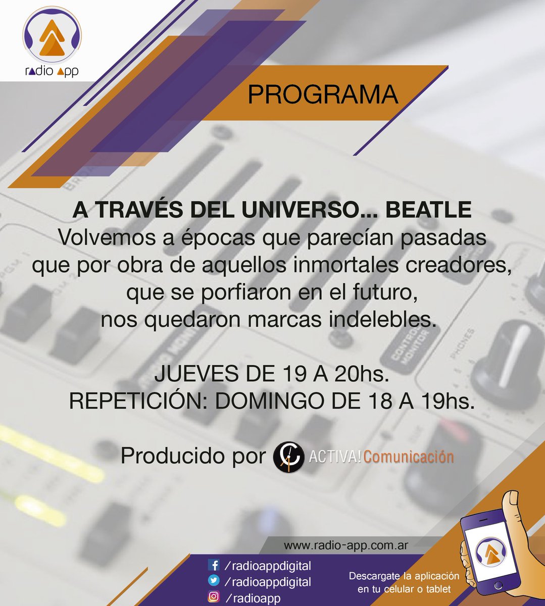 radioappdigital's tweet photo. EN INSTANTES| Escuchá un nuevo programa de @BeatlesUniverso con mucha info sobre #TheBeatles. Una producción de @ActivaComunic. https://t.co/KFjQAgZj07