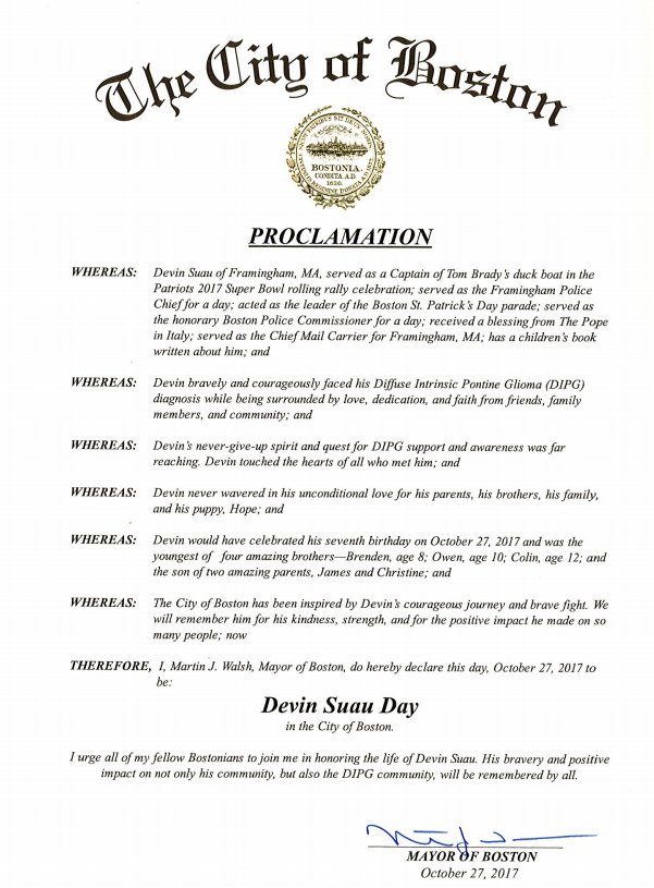 marty_walsh's tweet photo. I'm honored to proclaim tmrw Devin Suau Day. We have all been inspired by Devin &amp; will never forget his kindness &amp; strength. #WhyNotDevin https://t.co/Z12r9Rulq3