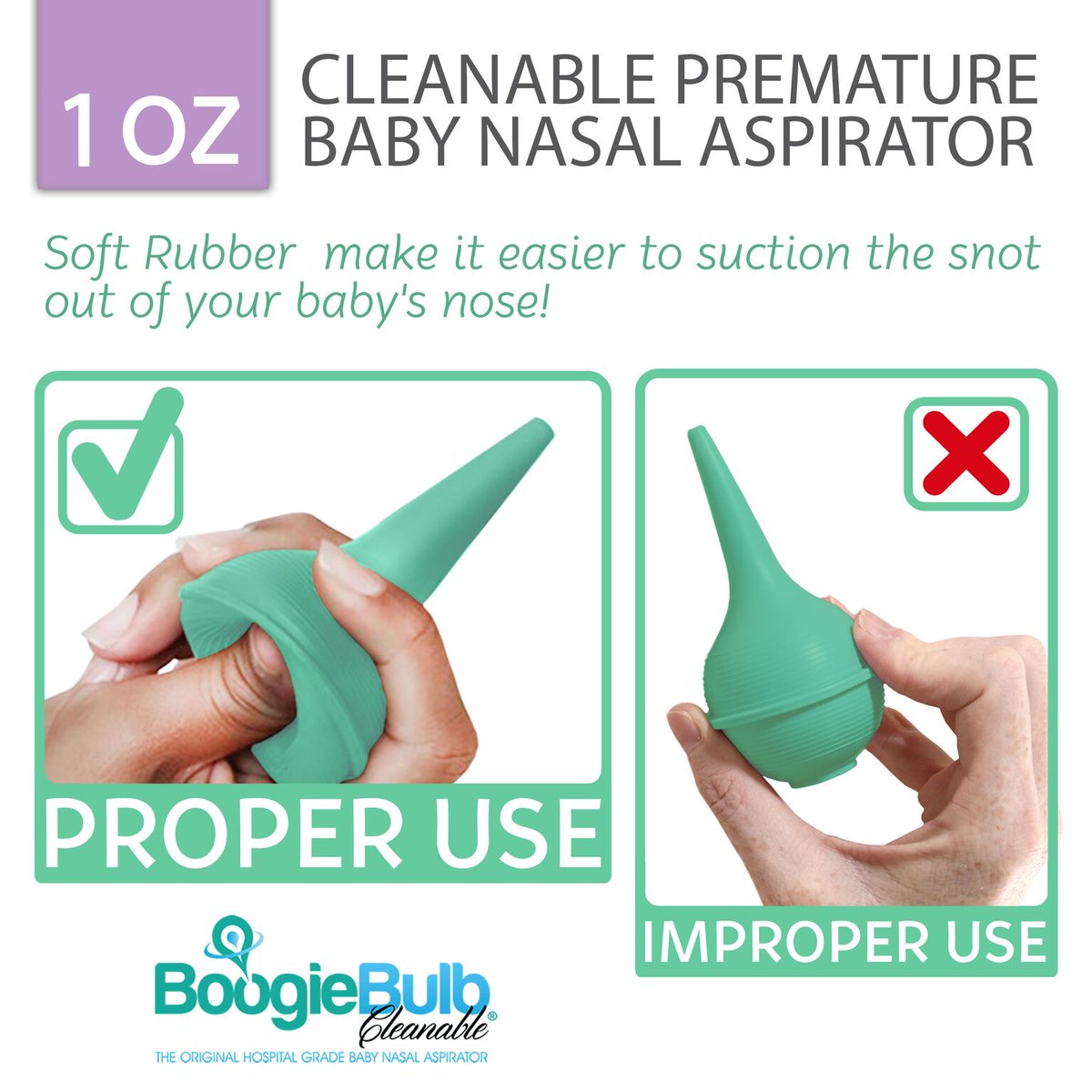 BoogieBulb's tweet image. Many #newparents are misusing their #nasalaspirators. Be sure to squeeze from the top, not from the sides for the best suction.