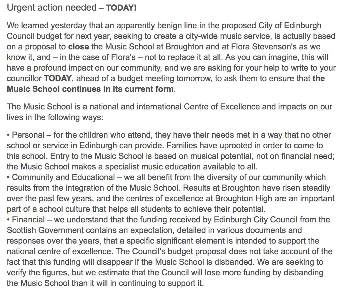 Anyone who cares about the COEMS, music and support for the arts please please email your local Edinburgh councillor today to stop this!!