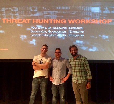 EndgameInc's tweet photo. Our awesome presenters tonight @_devonkerr_ @_Pilk_  @_paulewing. There's no denying how much they love leading our #ThreatHunting workshop! https://t.co/9jlZzdcCHN