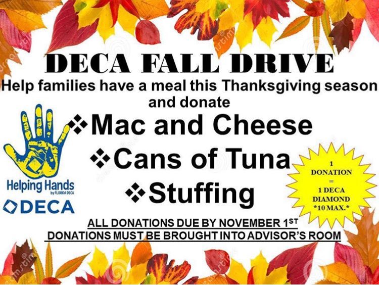 JPT_DECA's tweet photo. Remember to bring these donations to help families in need! DECA students earn 1 DECA Diamond per donation. https://t.co/O2E61VotzU