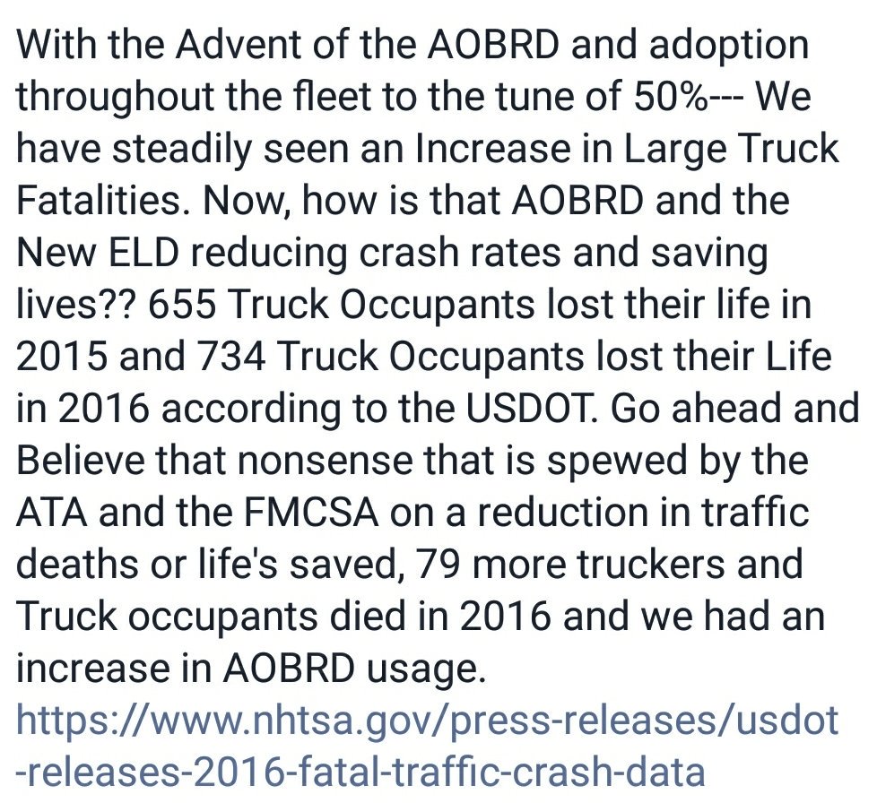 SebastianIndus2's tweet photo. Statistics from the fmcsa consistently prove the implementation of aobrd/eld devices have not increased safety @TRUCKINGdotORG @POTUS https://t.co/TjScMUAtEW