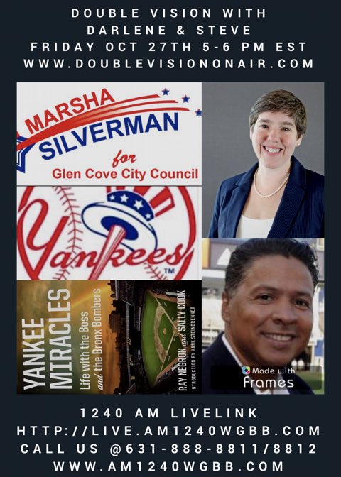 DoubleVisionOA1's tweet photo. This Friday Darlene @babydoll2992 &amp;Steve interview 2 Fab Guests! #Marshasilverman #RayNegron #Yankees #BatBoy #Author #Election @AM1240WGBB https://t.co/tqNydA1Dwb