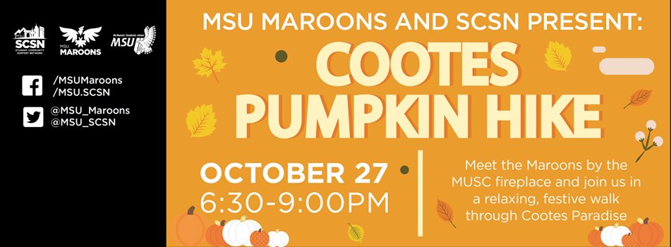 MSU_McMaster's tweet photo. Join @MSU_SCSN &amp; @MSU_Maroons tomorrow on their Cootes Pumpkin Hike at 6:30PM! Enjoy a tour of the neighbourhood: https://t.co/bu8nt4Y4zr https://t.co/ATWYnrnylv