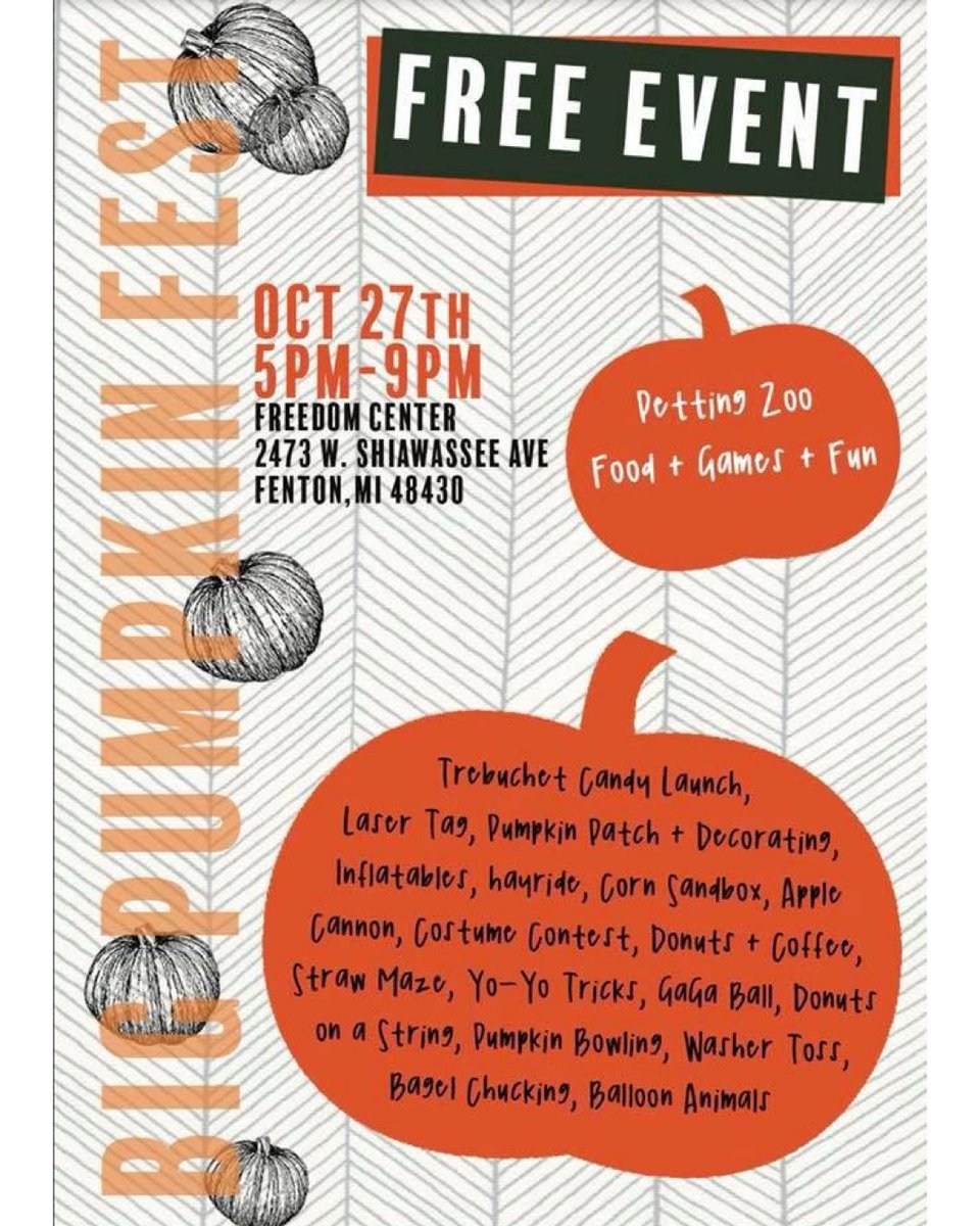 fcc_fenton's tweet photo. Everything you need to know for Friday night’s Big Pumpkin Fest!
RT and spread the word 🙌🏽🙌🏽 https://t.co/PqirCkMOul