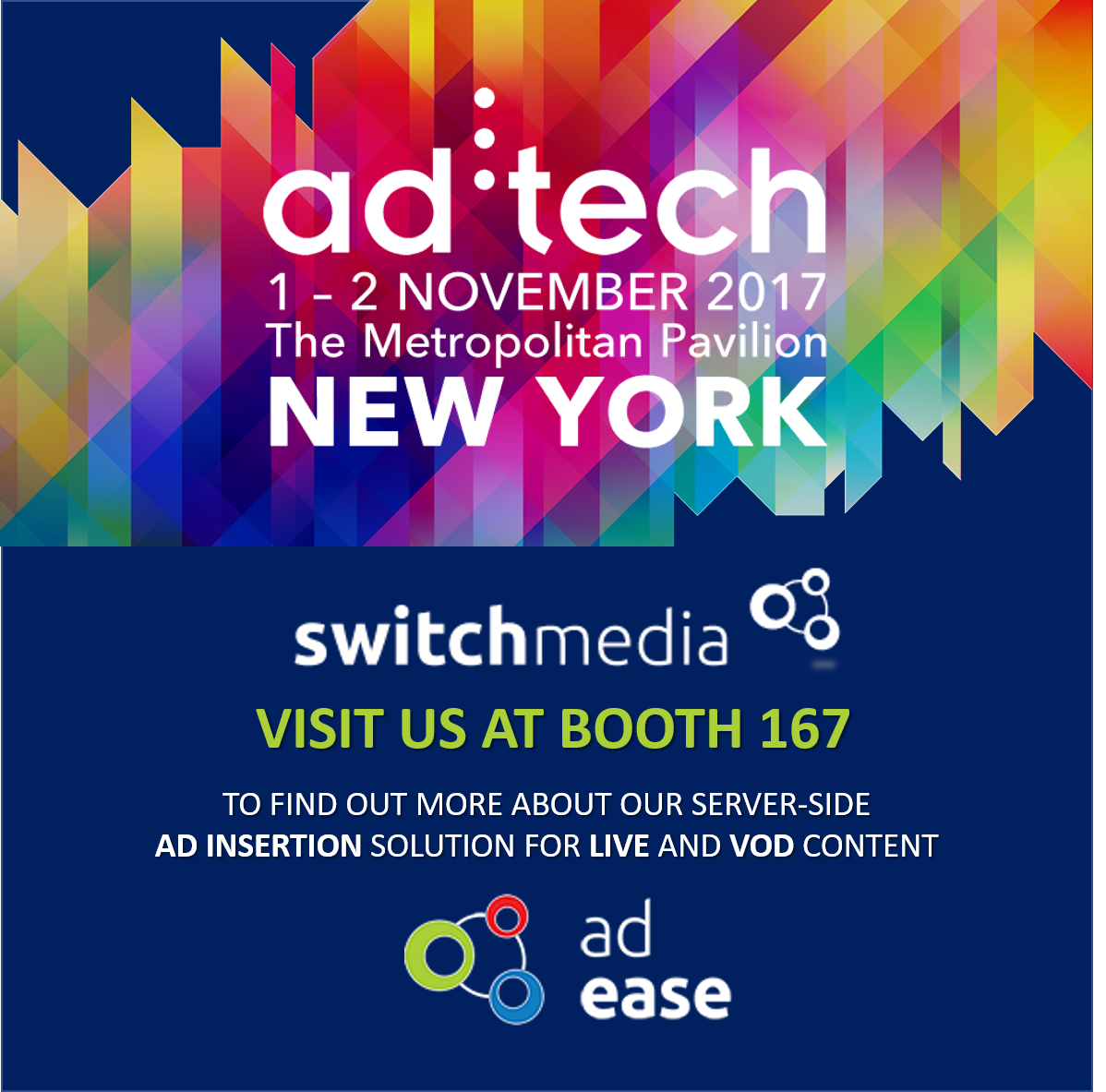 SwitchMediaAU's tweet photo. Visit @SwitchMediaAU @adtech NY booth 167 to find out more about AdEase server-side ad insertion #ATNY17 #adtechny https://t.co/uopzKBTD7b https://t.co/rqI01Pyow2