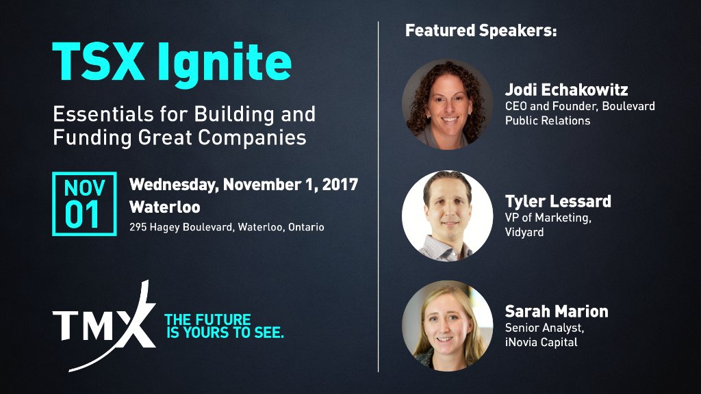 tsx_tsxv's tweet photo. #TSXIgnite is in KW on Nov. 1 with @JodiEchakowitz @tylerlessard & @sarahmarion. Register now! https://t.co/rQBTxRQD1B https://t.co/JRukafmugd