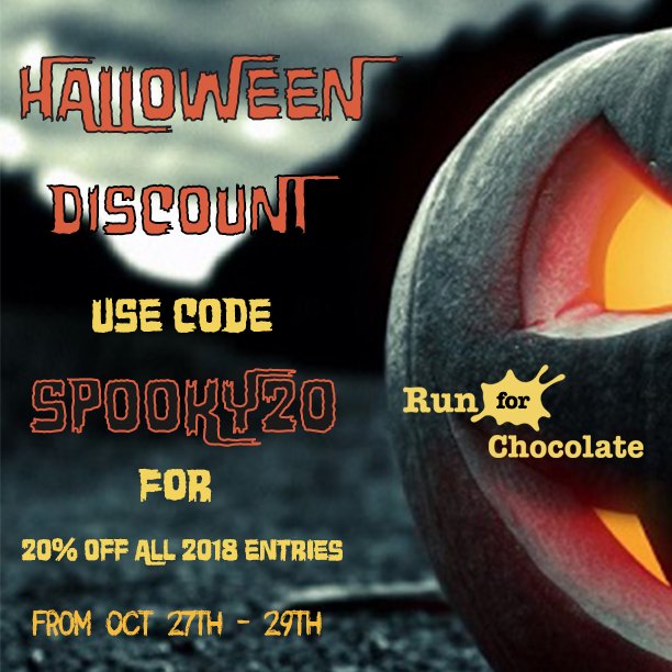 runforchoc's tweet photo. SCARY DISCOUNT on all 2018 Run for Chocolate races! But HURRY! Offer ends 29th October! Sponsored by @costacoffee #runforchoc #chocolate #5k https://t.co/89iktVASnG