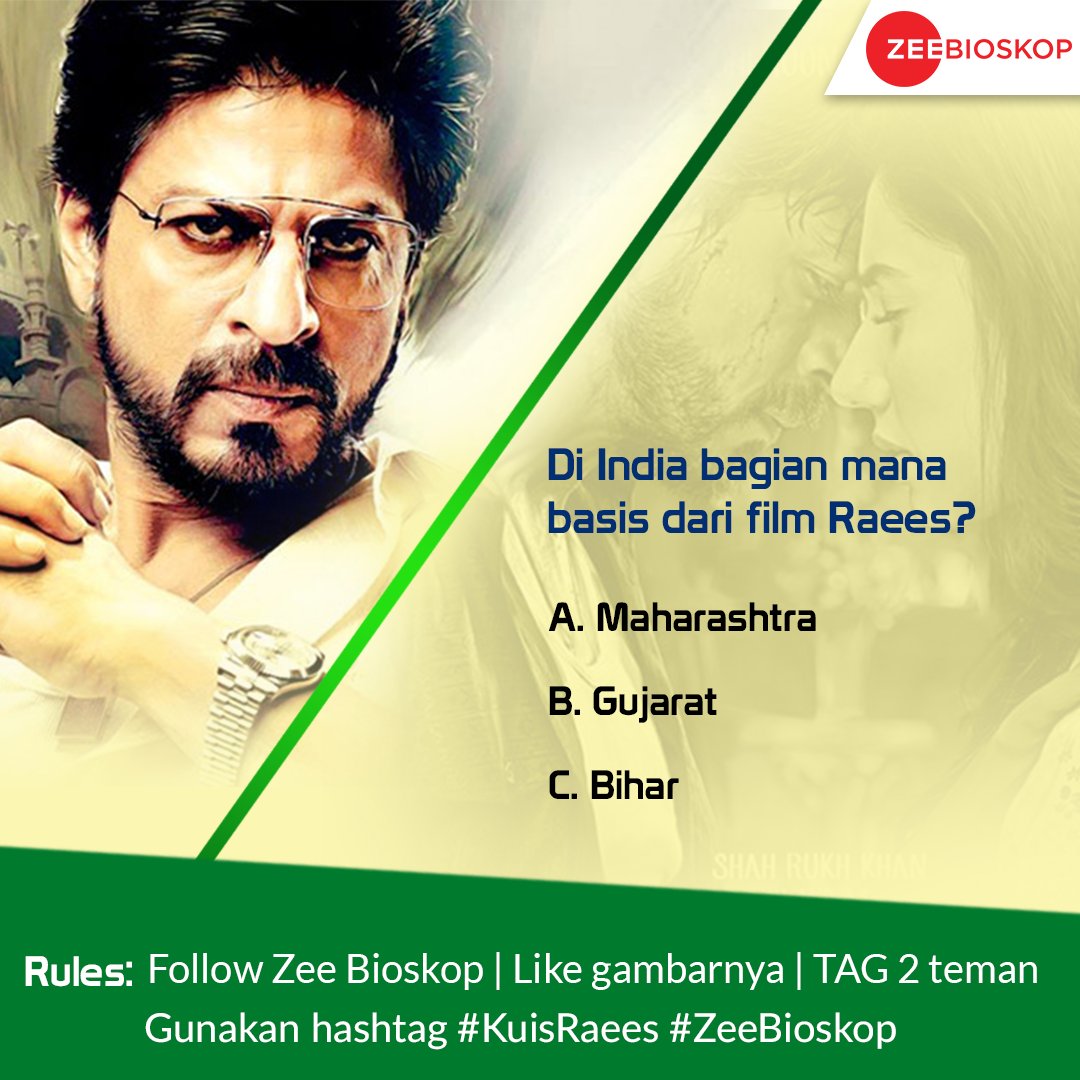 zbioskop's tweet photo. Ikutan Kuis Raees! Jawab setiap pertanyaan yang berbeda setiap hari Jumat untuk memenangkan merchandise eksklusif! #KuisRaees #ZeeBioskop https://t.co/Xb56pkzeIq