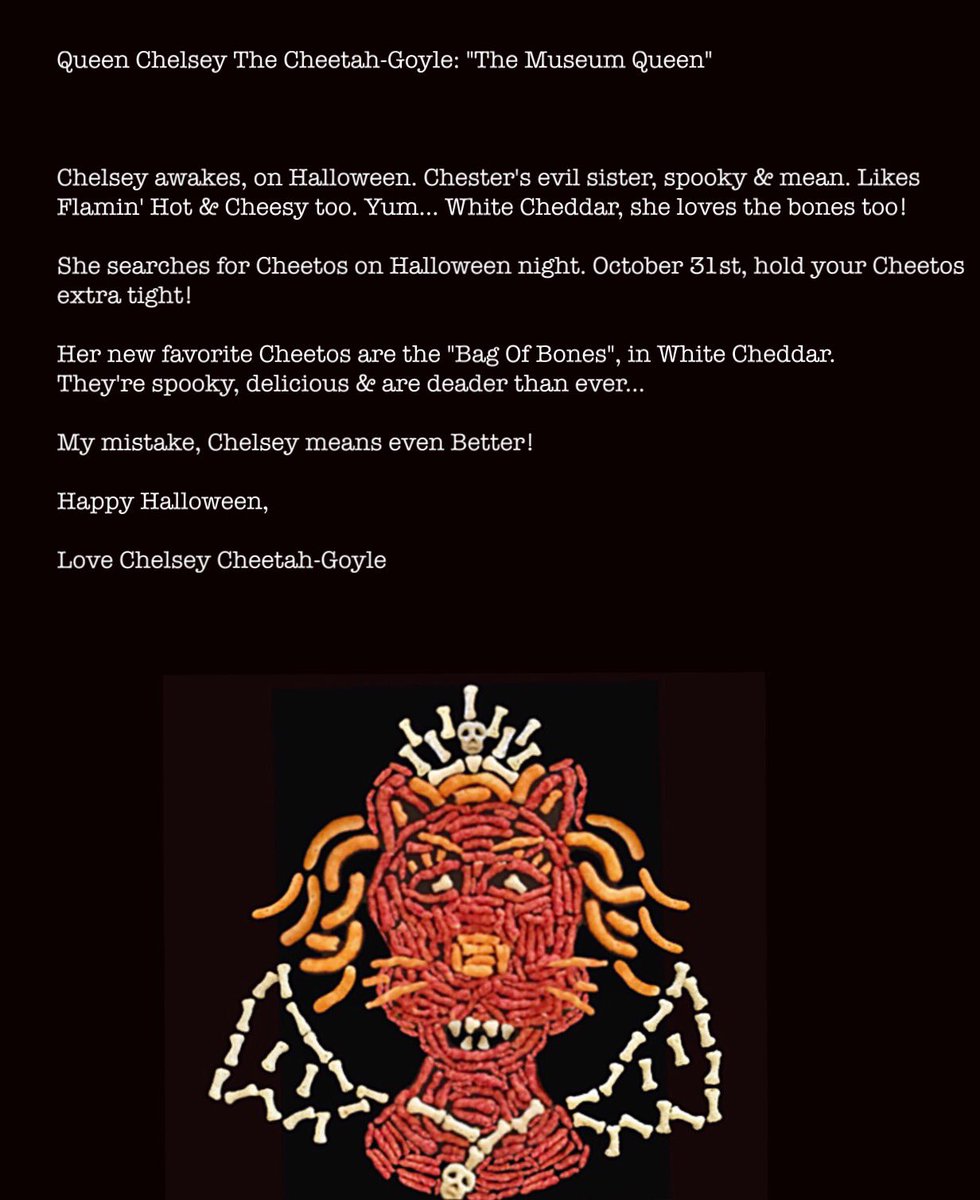 charkus06's tweet photo. @ChesterCheetah 140 characters isn't alot to describe a Cheetos Monsterpiece. I want to share a 
message from a relative of yours. Your long lost sister? "Queen Chelsey The Cheetah-Goyle". Part Cheetah &amp; Gargoyle, she appears on Halloween. Chester's evil sister, the museum Queen. https://t.co/6kOT0SL4R1