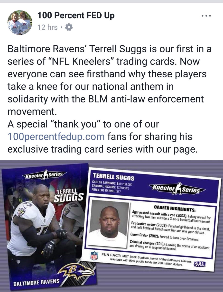 LibertyUSA1776's tweet photo. @Ravens New #NFL trading cards! This series is known as the #KneelersSeries AKA #ThugsSeries
#Ravens #TerrellSuggs #BoycottNFL https://t.co/82FvCMSmCy