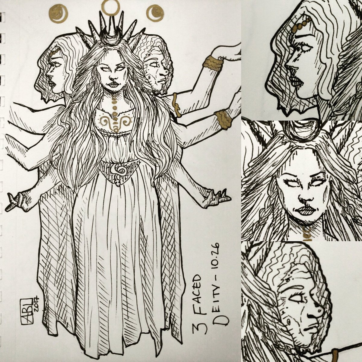 NytingailArt's tweet photo. #Day26 ! The Mother, the Maiden, and the Crone, a #TripleGoddess #ThreeFaced #Deity ! #Inktober #dungeonsanddragons #DnD #hecate #mythology https://t.co/Cz6dUOR0Nh