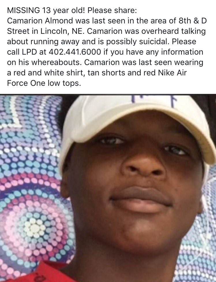 Lincoln_Police's tweet photo. #MISSING 13yo, possibly suicidal: Camarion Almond last seen near 8th/D St. Plz call LPD with info 402.441.6000 PLZ RT #LNK  #missingchildren https://t.co/uFdNlZDdAl