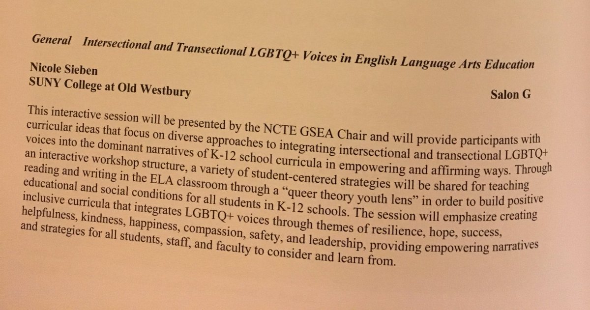 Teach4JusticeNS's tweet photo. Join us Friday at 9:45am in Salon G for Intersectional &amp; Transectional LGBTQ+ Voices in ELA Education #NYSEC2017 @GSEA_NCTE #writehope #NCTE https://t.co/dJB5jHoNCU