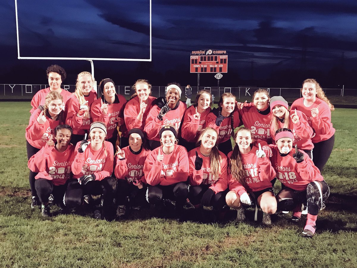HuronChiefs2018's tweet photo. Homecoming may have hit us hard but Powderpuff definitely made up for it tonight! Congratulations Senior ladies and all the fellas involved! https://t.co/8vIYrVHyff