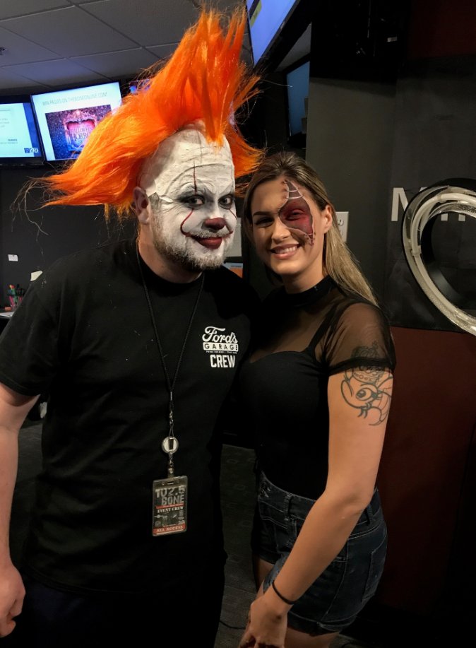 1025TheBone's tweet photo. Thanks to Devin Strebler for transforming Ryan into Pennywise!! #JohnnyBShow https://t.co/Jbo8oPWtW8