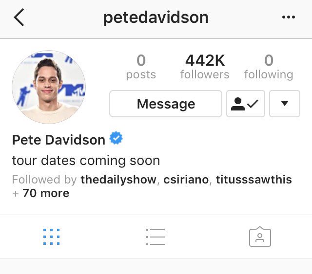 Marisa_418's tweet photo. My face 😁 when I notice that #PeteDavidson reactivated his IG!! And although there aren't posts yet, it says tour dates coming soon! ❤️ https://t.co/btIYxbW4X0
