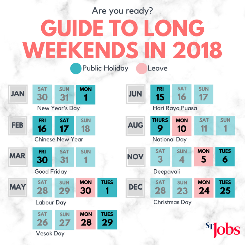Enjoy 9 long weekends using just 5 days of annual leave! Plan ahead for 2018 now. Share this guide with your friends!