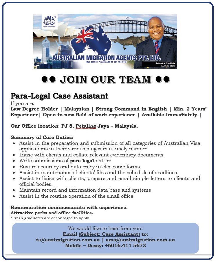 RobertChelliah's tweet photo. Our Malaysian office is recruiting as part of our expansion plan!
#MigrationAgents #Malaysian #LawDegreeHolder https://t.co/hymxBuqneX