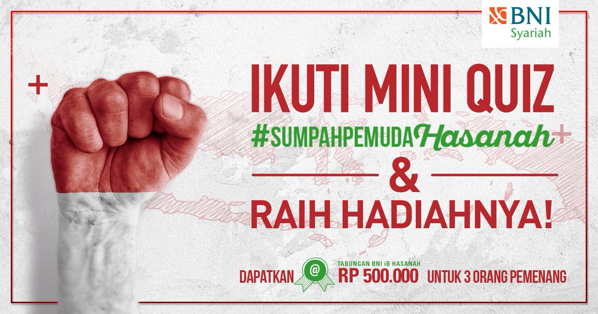 Sobat Hasanah, jangan lupa jam 1 siang ini akan ada kuis #SumpahPemudaHasanah dengan hadiah @ Rp. 500.000 untuk 3 orang pemenang :)