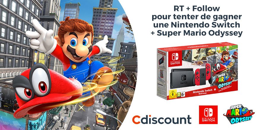 Cdiscount's tweet photo. 🎁 #Concours

🎮 Switch + #SuperMarioOdyssey à gagner > https://t.co/9cxwUr1Jcu   

📅  Pour participer
RT + Follow @Cdiscount

📢 TAS 02/11 https://t.co/tmPnm3vS06