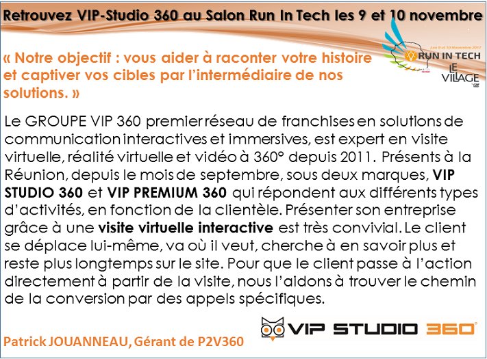 RUNINTECH's tweet photo. J-13
VIP-Studio 360 vous invite à découvrir son concept les 09 &amp; 10 novembre 2017 au Village by CA !
https://t.co/pCNiDV2tAD https://t.co/UcQg3dHKEo