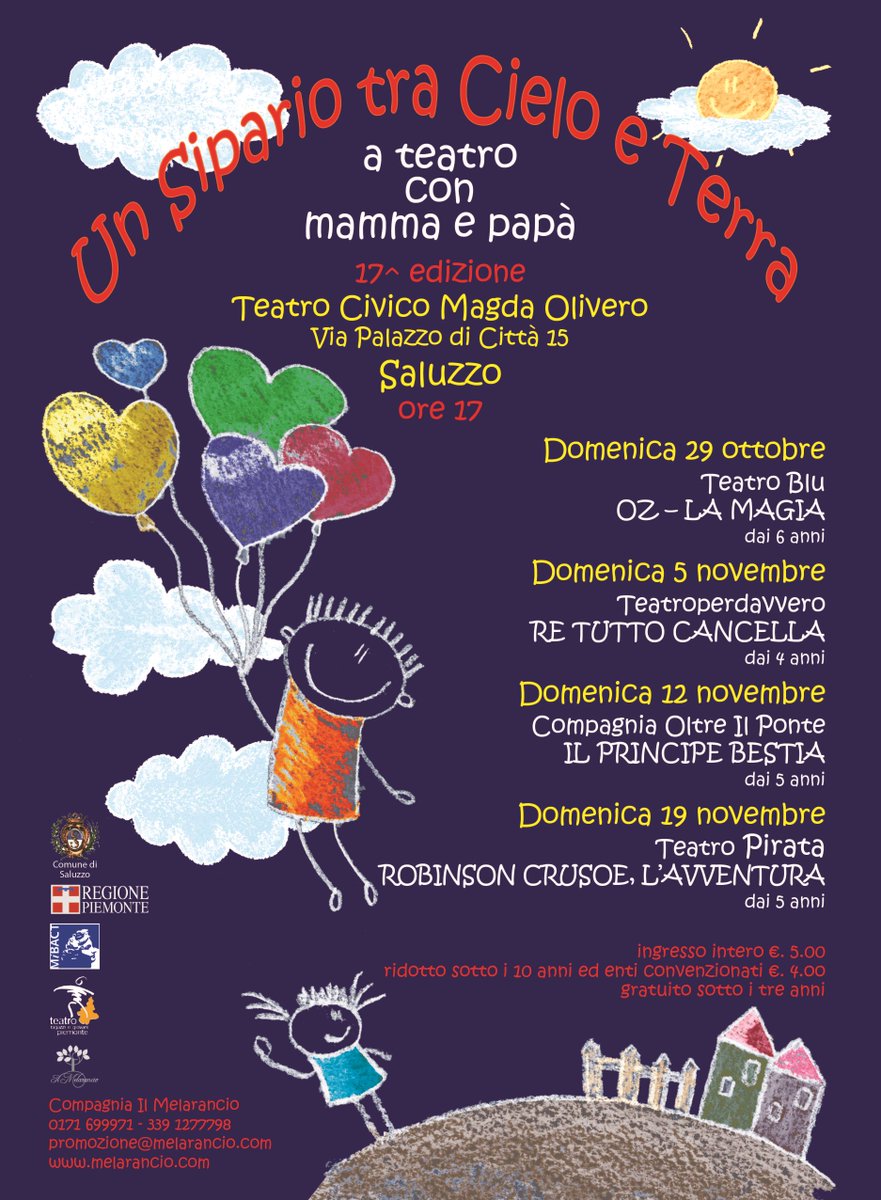 Torna la rassegna di teatro per bambini e ragazzi, promossa dalla Compagnia Il Melarancio e giunta alla 17^ edizione
comune.saluzzo.cn.it/un-sipario-tra…
