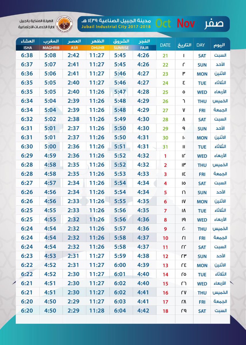 الخدمات الاجتماعية on Twitter: مواقيت الصلاة لشهر صفر 1439 الجبيل_الصناعية الجبيل…