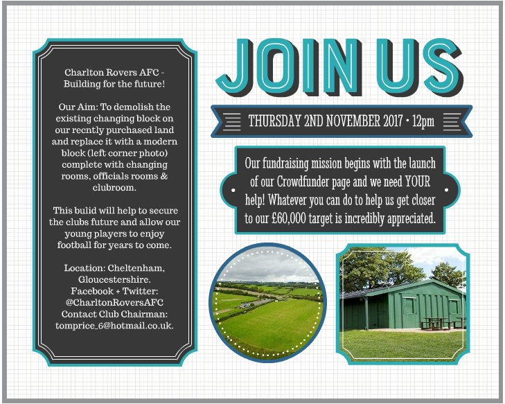 CHARLTONROVERS's tweet photo. Just under a week now until we launch our Crowdfunder page to begin fundraising for our new changing block🎉 Any help is always appreciated⚽️ https://t.co/LKIBmbdLKE