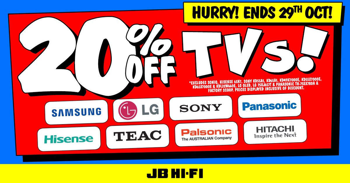 JBHiFi's tweet photo. Get a HUGE 20% off selected TVs @JBHiFi this weekend!!!

https://t.co/Zev5cWP9xb

Must end October 29th! https://t.co/wnpXnw1Z88