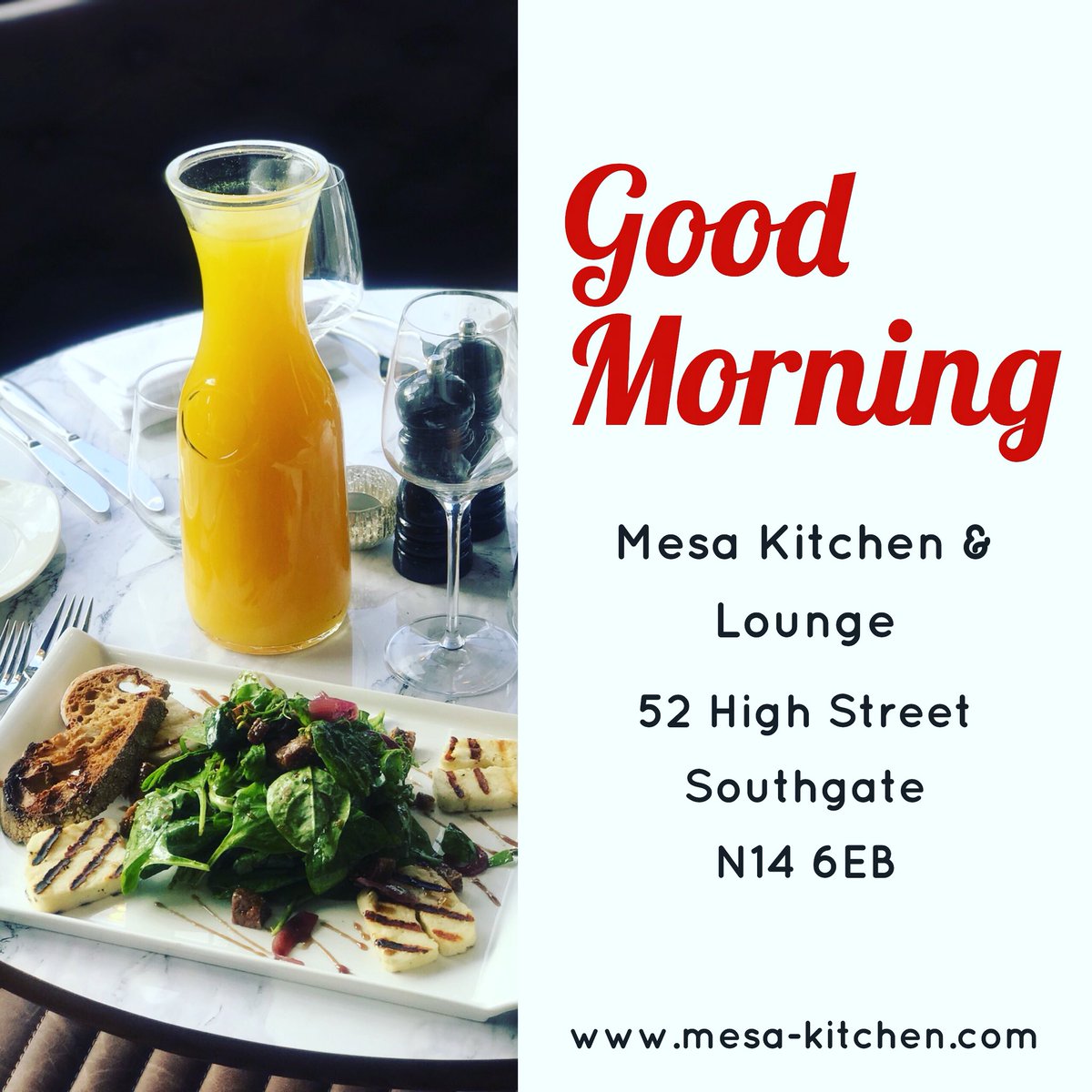 MesaKitchenN14's tweet photo. Good Morning - Wishing you all a productive day. 
We are open for brunch from 11am. Come an end enjoy our breakfast options. https://t.co/u8h7FUsxSf