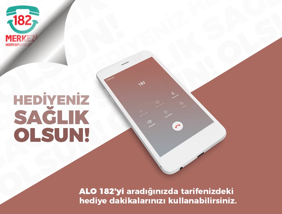 Hediyeniz Sağlık Olsun.
ALO 182'yi aradığınızda tarifenizdeki hediye dakikalarınızı kullanabilirsiniz. #MHRS