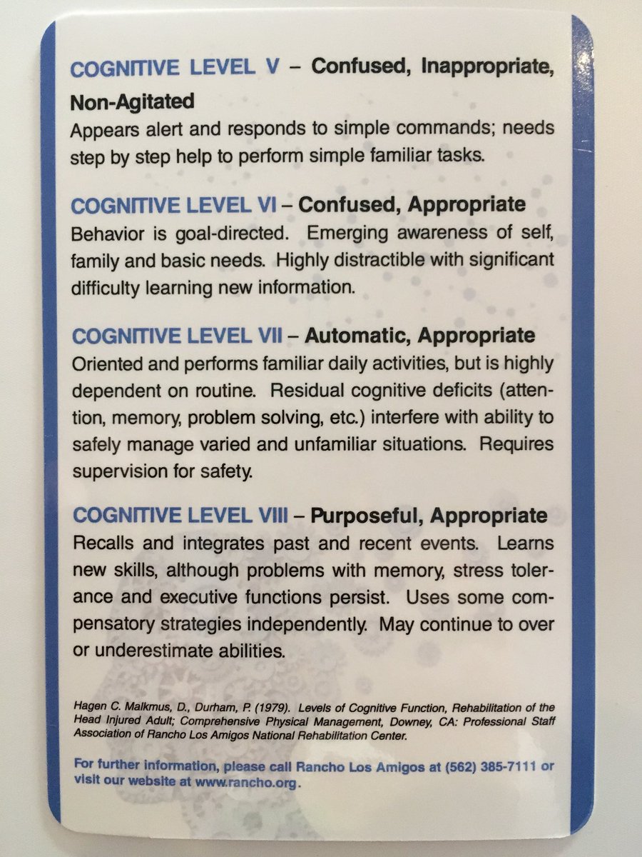 ShawnPhippsPhD's tweet photo. Rancho Brain Injury Cognitive Levels @RanchoRehab @RanchoFdn @AOTAInc @ACRMtweets #ACRM2017 #PIRR2017 https://t.co/dQzNpin9NN