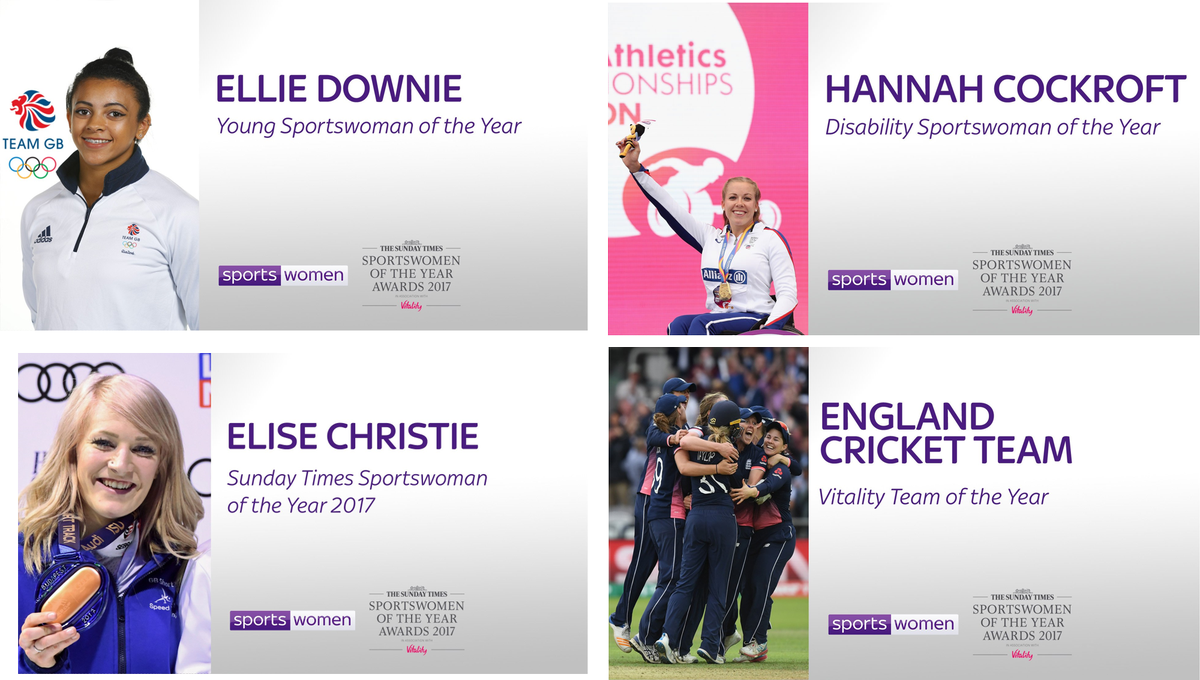 Womeninsport_uk's tweet photo. π Sportswomen of 2017: @elliedownie, Hannah Cockroft @HCDream2012, @Elise_Christie & @englandcricket. What a year for #WomenInSport #SWOTY17 https://t.co/i1fWwyu2kP