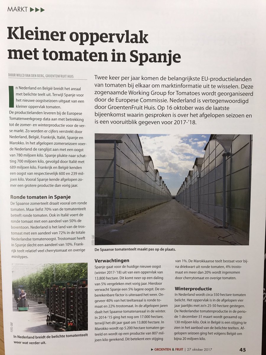 Spanje verwacht kleiner oppervlak #tomaten. Nederland teelt steeds meer in de winter. Jaarrond leverancier!