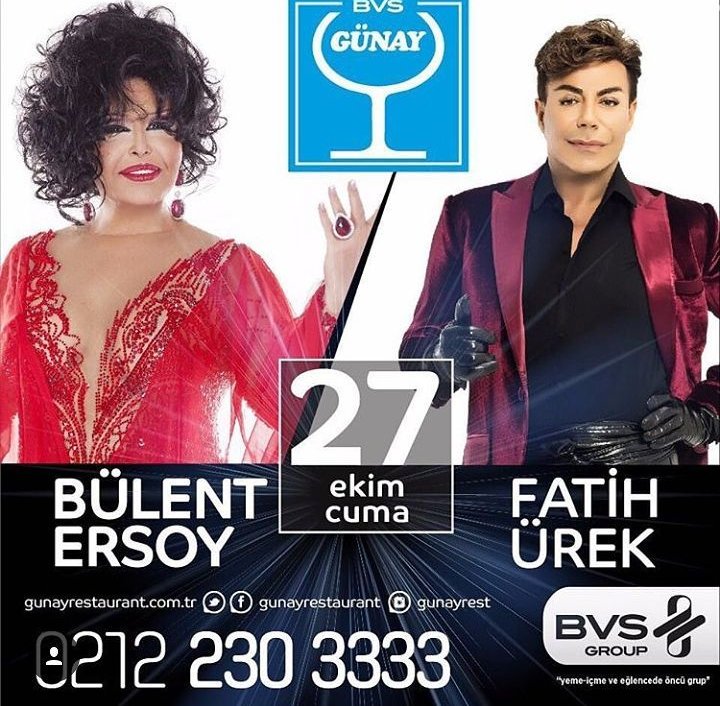Bu akşam ,27 Ekim Cuma Bülent Ersoy ve Fatih Ürek Günay Restaurant'da sizlerle..