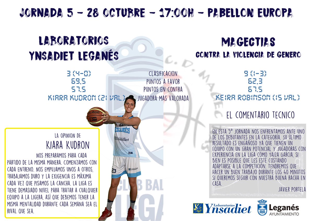 #Basket #Femenino <a href="/Ynsadiet/">Ynsadiet</a> <a href="/basketleganes/">Baloncesto Leganés</a> recibe a <a href="/magectias1995/">Magec Tías</a> 
📆28 d octubre
🏟️#PabellónEuropa
⏲️17 h.
A por la quinta victoria!!