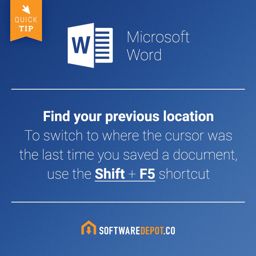 softwaredepotco's tweet photo. #MicrosoftWord Quick Tip - Here is how to quickly find your previous location: #MSWord #Microsoft #MSOfice https://t.co/cDqAfpj3KY
