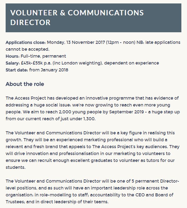 ImpetusUK's tweet photo. Looking for a new #vacancy? Our friends @theaccessp need a Volunteer &amp; Communications Director. Apply by Mon 13 Nov https://t.co/2g48E7aqdF https://t.co/ZOBwvxu8rY
