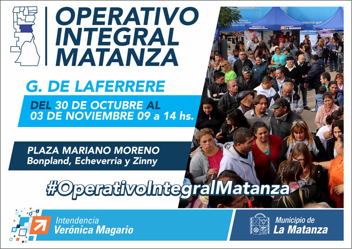 DiscapLaMatanza's tweet photo. Desde el lunes el #OperativoIntegralMatanza estará en Plaza Moreno de #Laferrere (ubicada entre Bonpland y Echeverría). Acercate de 9 a 14. https://t.co/TORjAYItmz