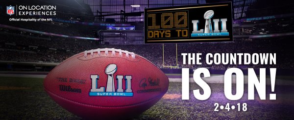 NFLOnLocation's tweet photo. Let the official countdown begin. 1️⃣0️⃣0️⃣  days until #SB52! #BoldNorth https://t.co/Nw6GUW3dLU