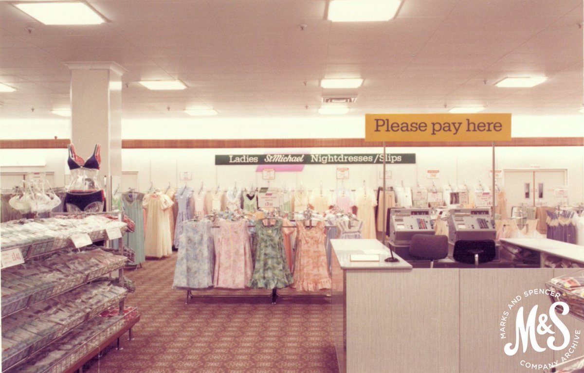 MandSHeritage's tweet photo. We've been busy cataloguing store photographs today, including this one of a very tidy lingerie department in #Kensington store, 1983. https://t.co/UrCfo4qbES