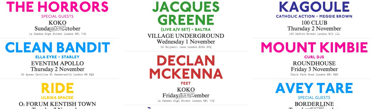 fielddaylondon's tweet photo. Big week this week over at @EatYourOwnEars! @jacquesgreene, @Kagoule, The Horrors, @mountkimbie, @DeclanMcKenna and more..... https://t.co/WuQyYjzJcr